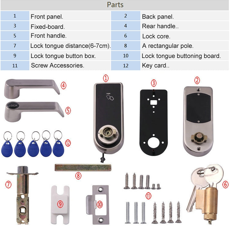 Electronic door lock parts kit with keys, key card, and mounting hardware, silver