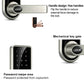 Electronic door lock with round LOCK button lever and numeric keypad, silver