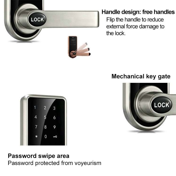 Electronic door lock with round LOCK button lever and numeric keypad, silver