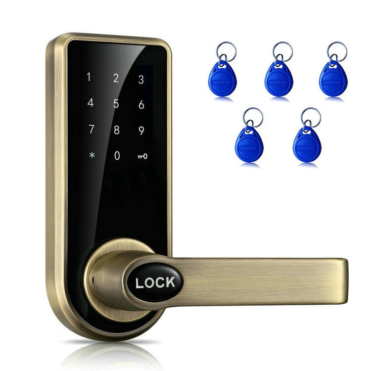 Bronze electronic door lock with touch keypad, lever handle, and blue key cards