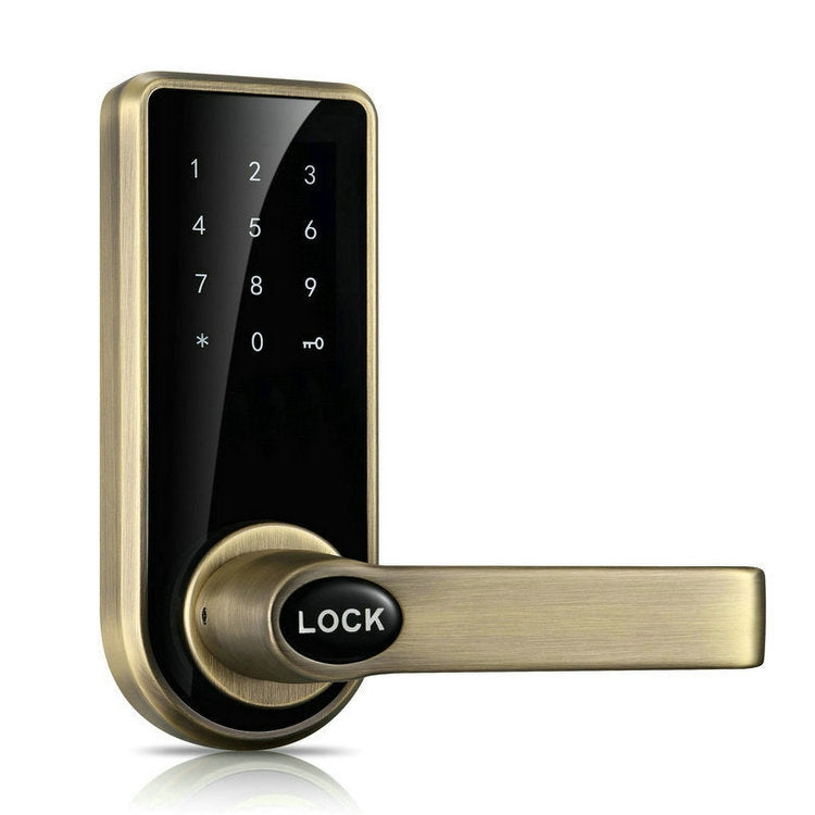 Bronze electronic door lock with touch keypad and lever handle with LOCK button