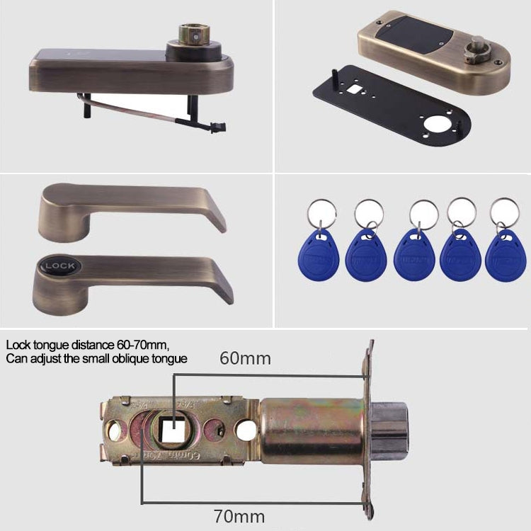 Bronze smart lock with handle, lock body parts, and key cards; includes size diagram