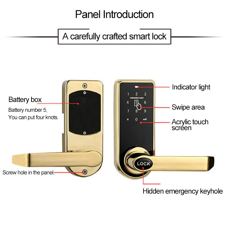 Bronze smart door lock with touch screen keypad, indicator light, and hidden emergency keyhole