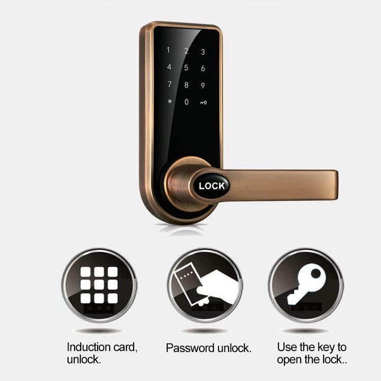 Bronze electronic door lock with touch keypad, lever handle, and unlock icons