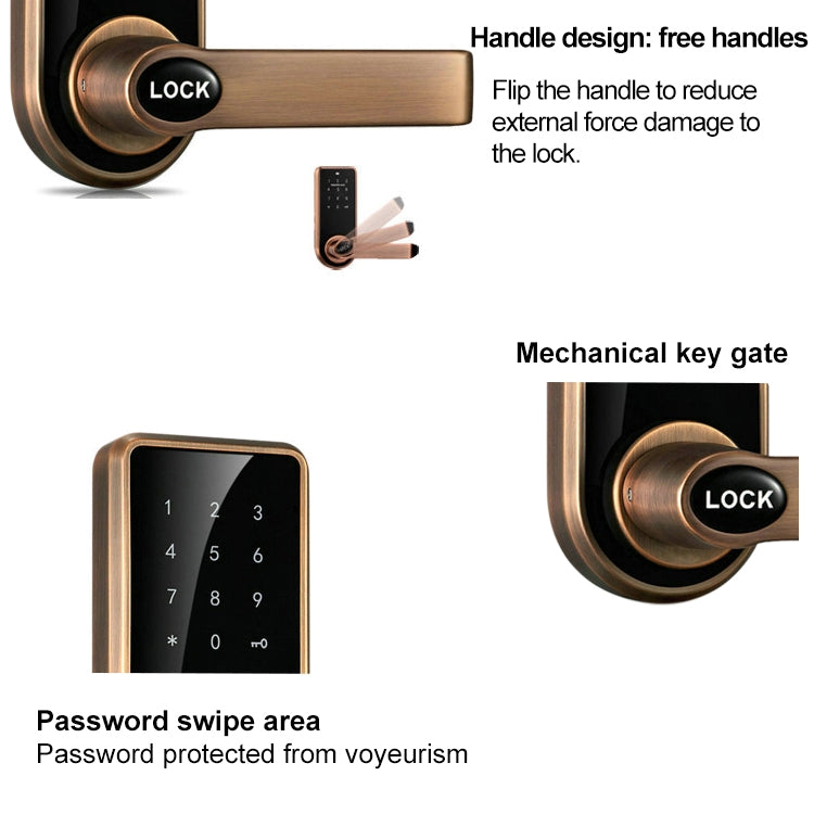Bronze smart door lock with flip handle design, mechanical key override, and keypad