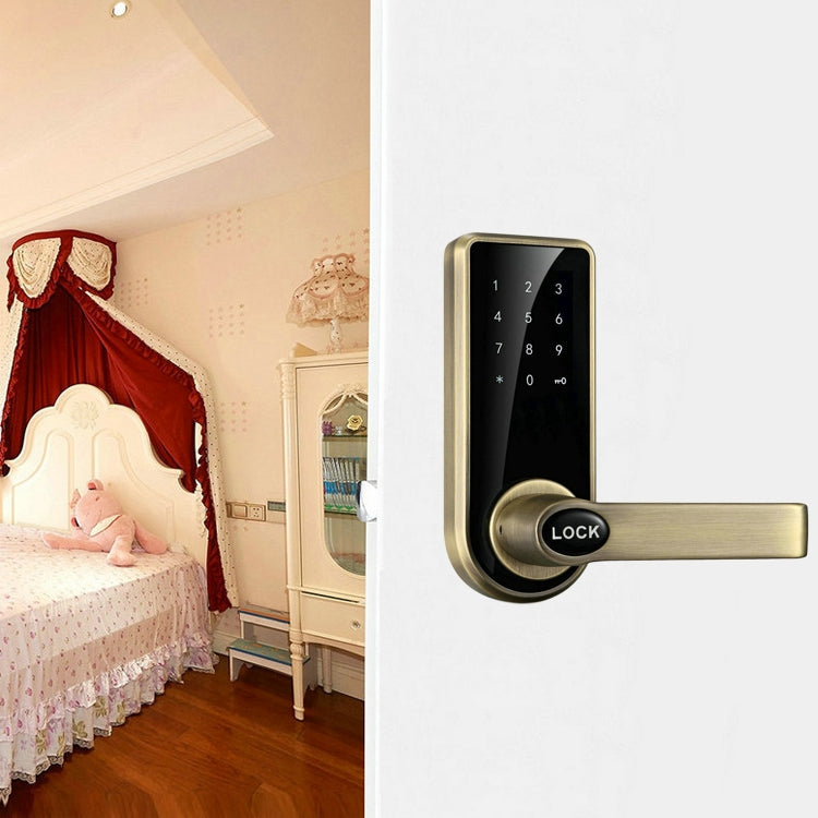 Bronze electronic door lock with touch keypad and lever handle installed on door