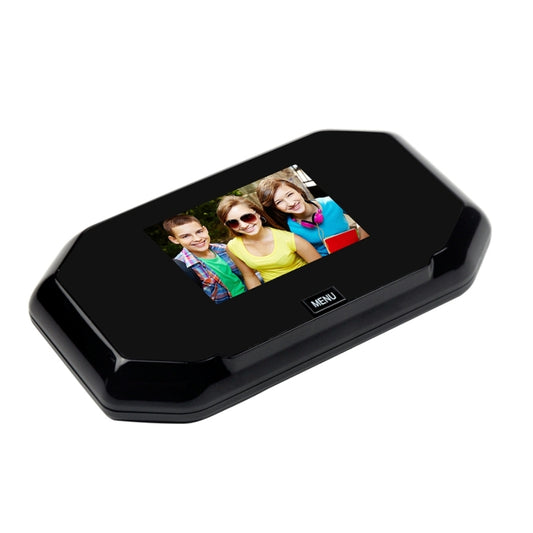 Black portable peephole viewer angled view with screen showing a group photo