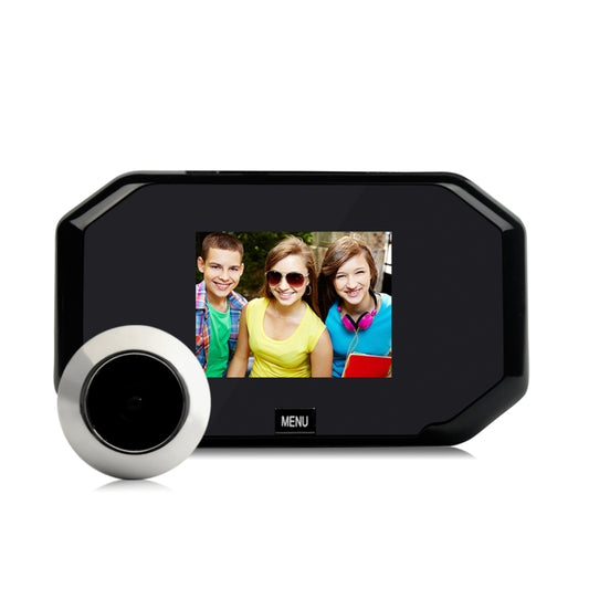 Black digital peephole viewer with circular camera lens and screen showing people photo