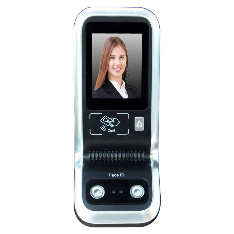 Silver face attendance terminal with screen, card reader icons, and Face ID buttons