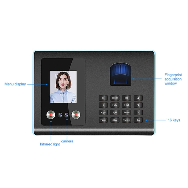 Face and fingerprint terminal with infrared light, camera, fingerprint window, and 16 keys