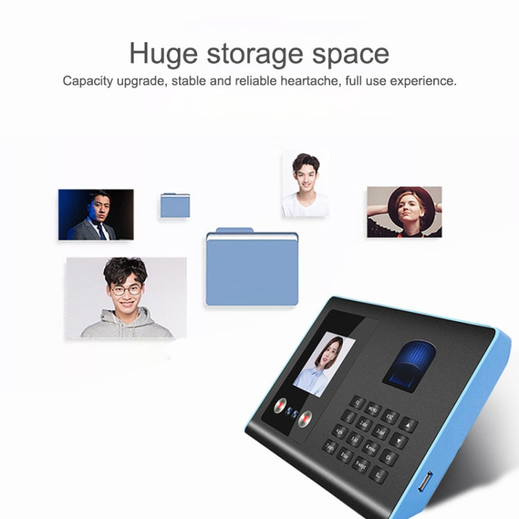 Time attendance machine with face display, fingerprint sensor, keypad, and blue side panel