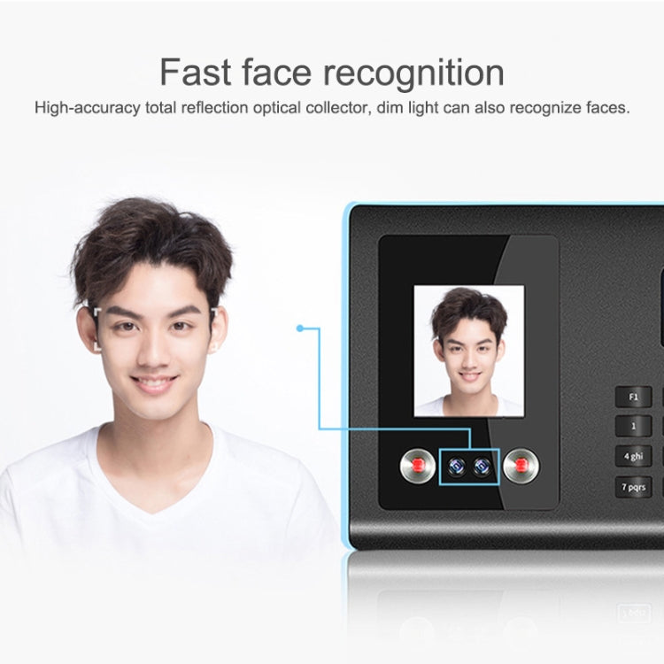 Face recognition terminal with face photo screen, fingerprint indicators, and keypad buttons