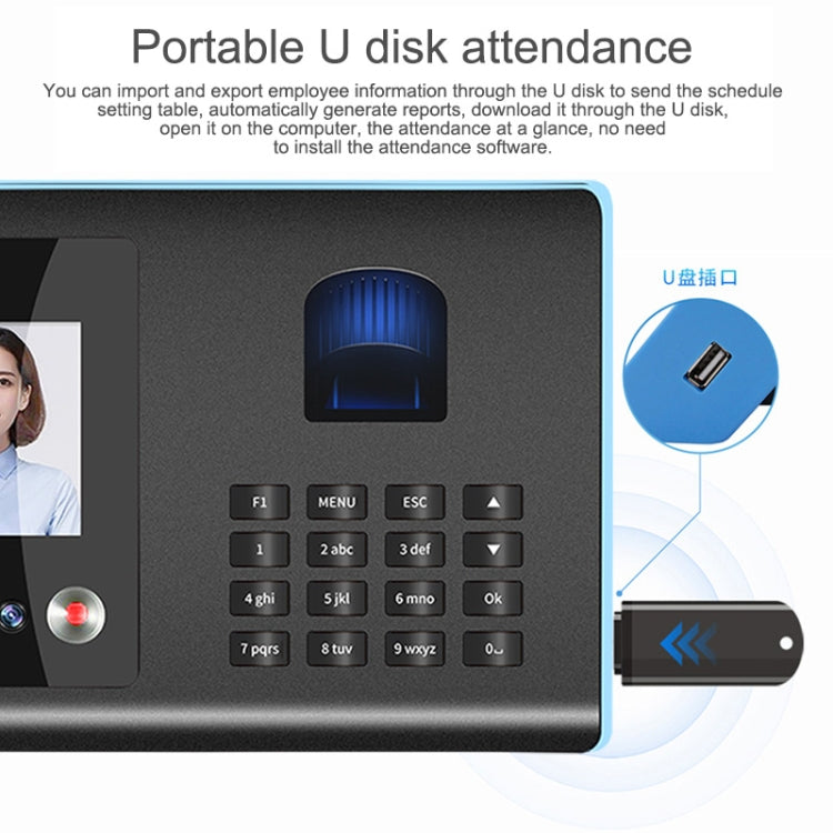 Front keypad and blue fingerprint sensor on face attendance terminal with side U disk port