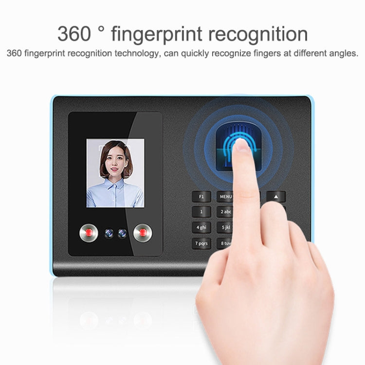Finger presses fingerprint sensor on face attendance terminal with face display and keypad