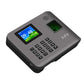 Grey fingerprint time attendance device angled view with keypad, screen, and finger sensor