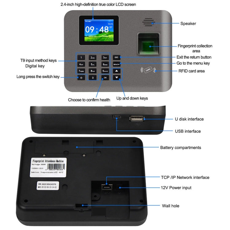 Grey fingerprint time attendance device with screen, keypad, and finger sensor module