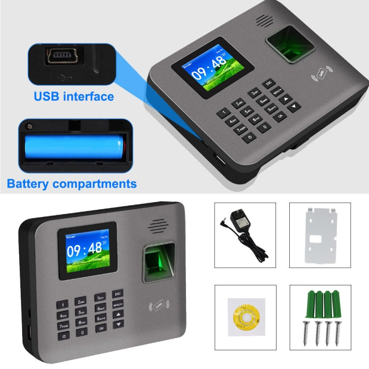 Grey fingerprint time attendance device with screen, keypad, and green finger sensor
