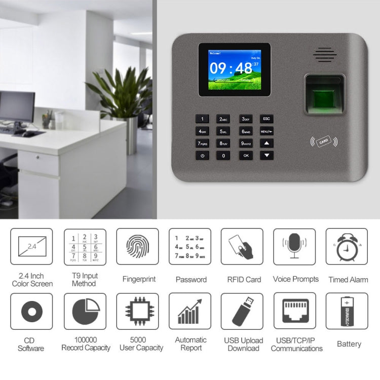 Grey fingerprint time attendance device with color screen and green finger sensor