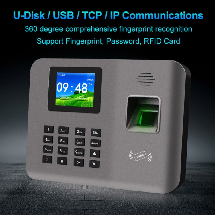 Grey fingerprint time attendance device with 2.4-inch color screen and green finger sensor