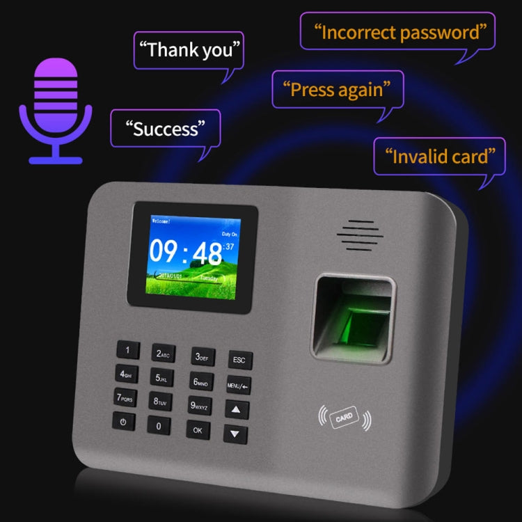 Grey fingerprint time attendance device with screen, keypad, and green finger sensor window