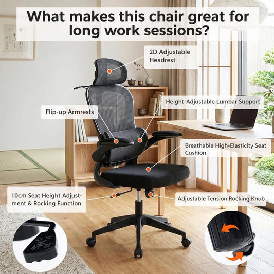 Ergonomic Mesh Office Chair with Adjustable Lumbar Support Adjustable Headrest, Double Lumbar Support, Flip?Up Armrests, Adjustable Height Rocking Desk Chair with Coat Hanger