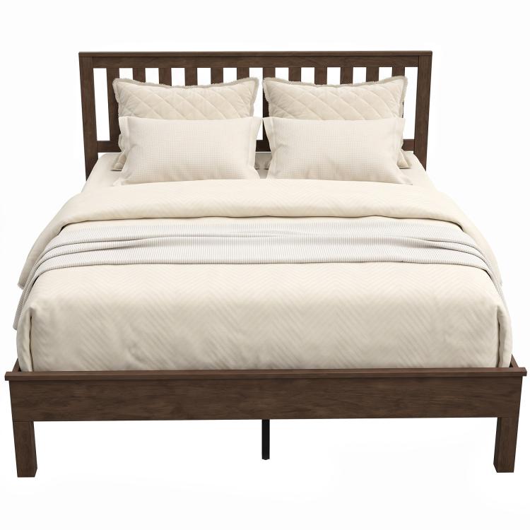 Walnut platform bed frame with slat headboard and footboard, in-room setup
