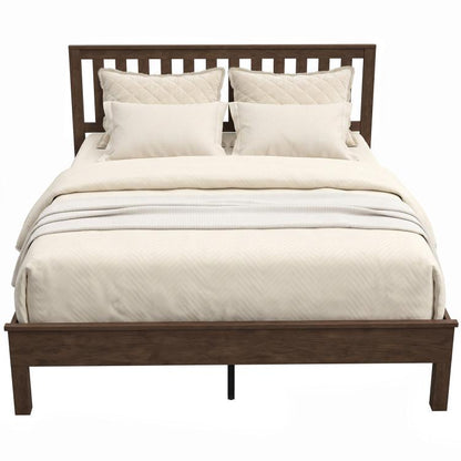 Walnut platform bed frame with slat headboard and footboard, in-room setup