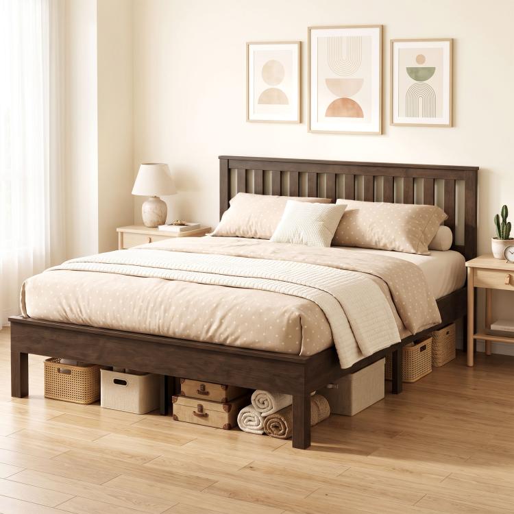 Queen-size walnut wood bed frame with tall slatted headboard and footboard