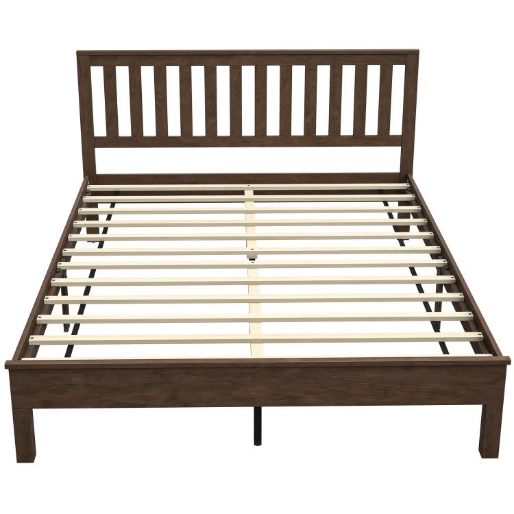 Walnut wood queen bed frame with slatted platform base and side rails