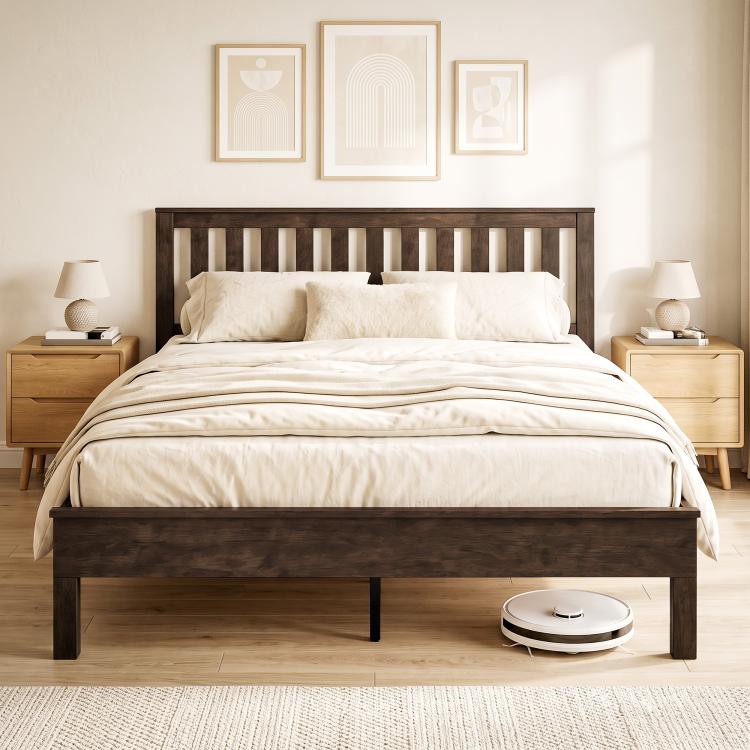 Walnut platform bed frame with tall slat headboard and matching footboard, queen size
