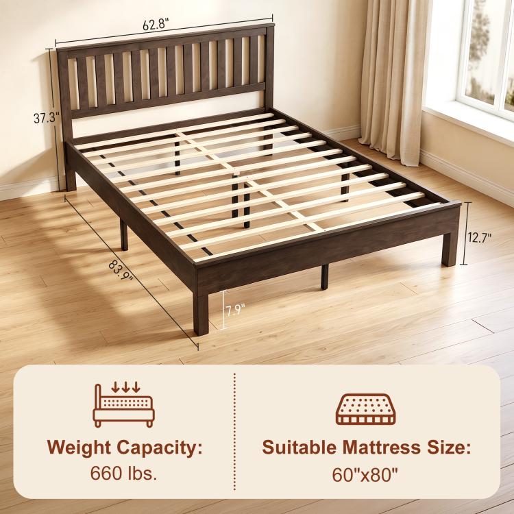 Walnut wood platform bed frame with tall slat headboard and slatted support base