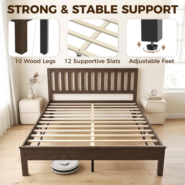 Walnut wood bed frame with slatted support base and sturdy legs