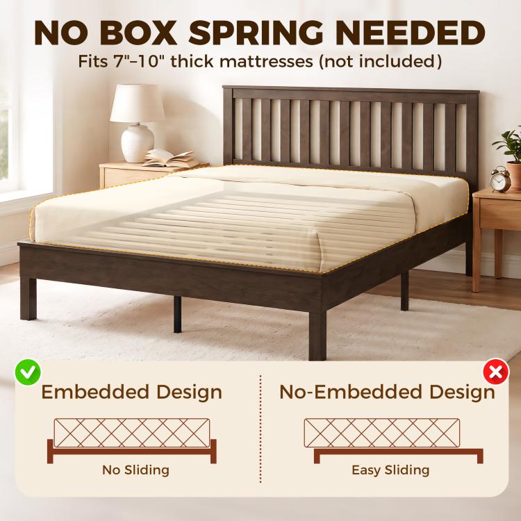 Walnut bed frame with tall slat headboard and slatted platform base