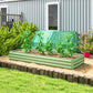 Light green galvanized raised garden bed with clear greenhouse-style cover frame