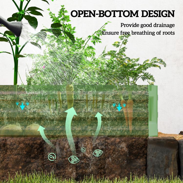 Light green galvanized raised garden bed open-bottom design with soil and roots illustration