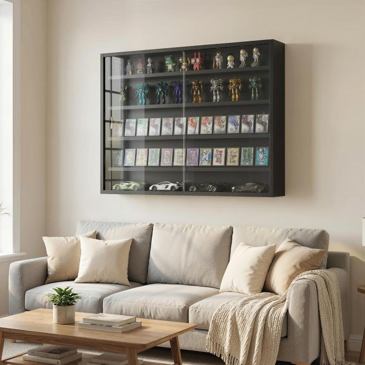 Wall-mounted 5-tier display cabinet with two glass doors, adjustable shelves, jet black