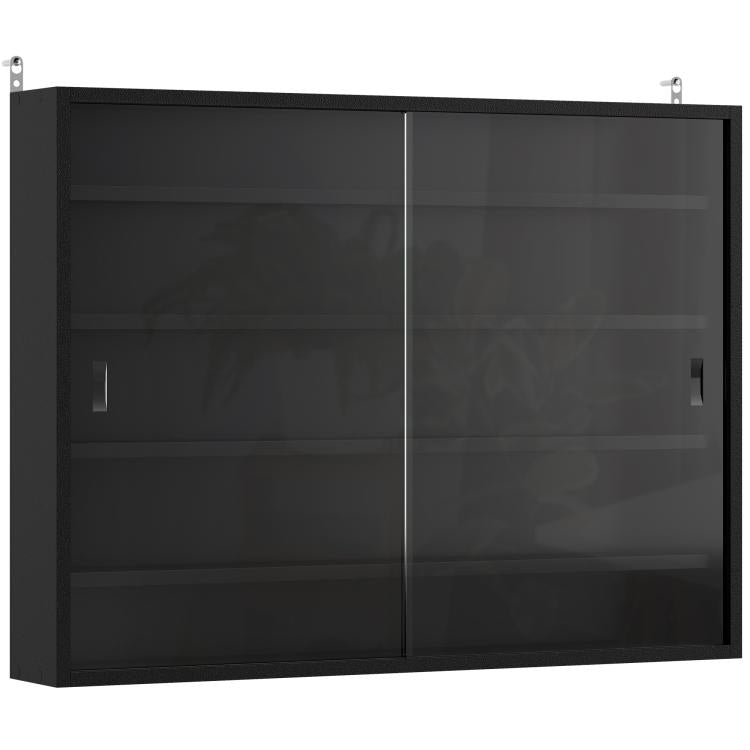 Wall-mounted jet black display cabinet with two glass doors