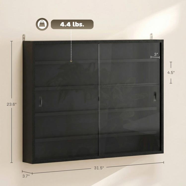 Jet black wall-mounted display cabinet with two glass doors and framed display front