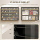 Jet black wall-mounted display cabinet with four adjustable shelves behind glass doors