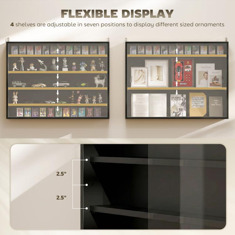 Jet black wall-mounted display cabinet with four adjustable shelves behind glass doors