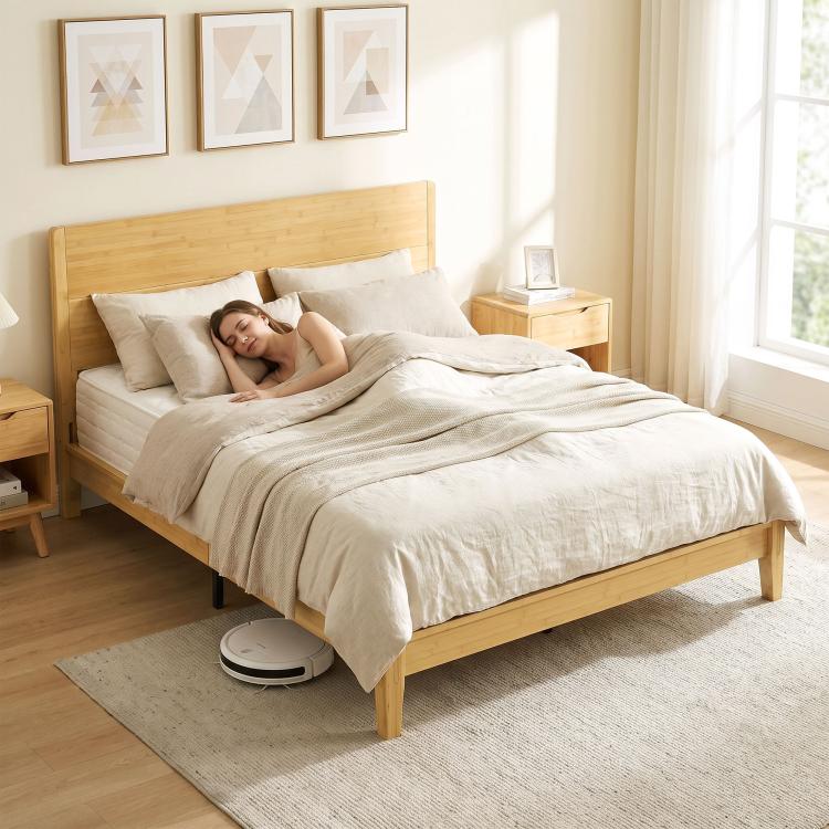 Natural bamboo queen bed frame with built-in headboard and platform design