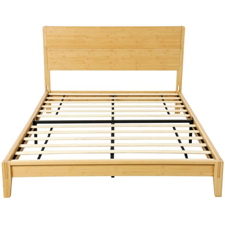 Natural bamboo queen bed frame with headboard and 12 wood slats, no box spring