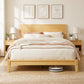 Queen bamboo platform bed with headboard and beige bedding, open slat mattress support