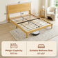 Queen bamboo platform bed frame showing dimensions, slat grid, and under-bed clearance