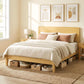 Queen bamboo platform bed with headboard and slatted support, natural wood finish