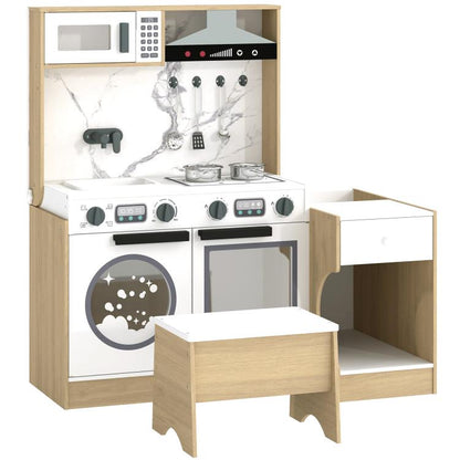 Kids play kitchen set with white stove, sink, marble-look backsplash, and accessories