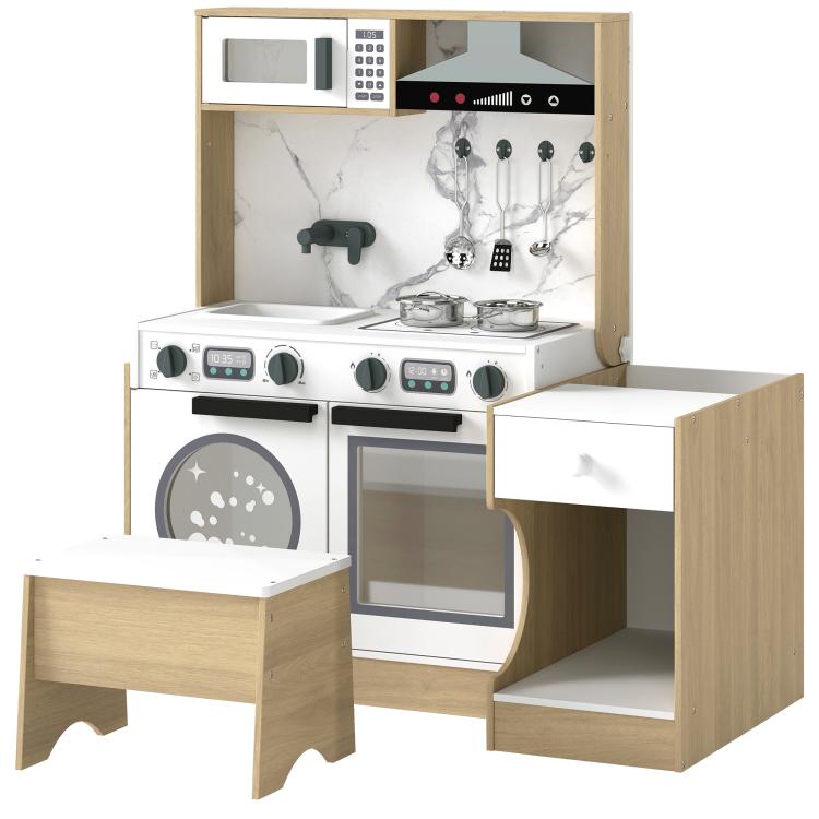 Convertible kids play kitchen set with white stove, sink, and open lower storage