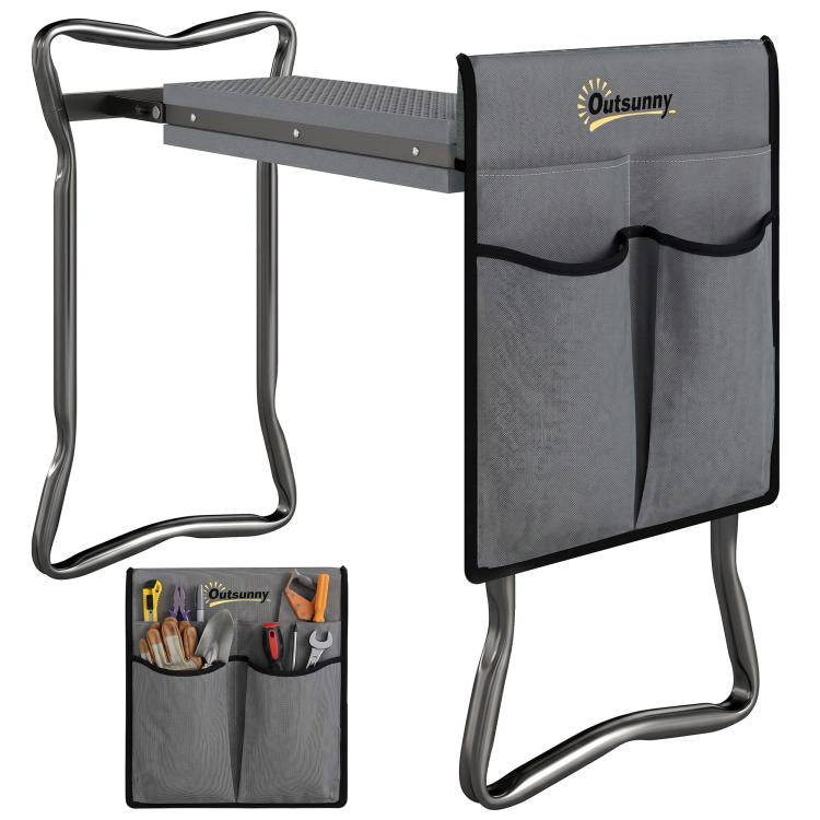 Gray foldable garden kneeler with soft EVA pad and front tool pouch on steel frame.