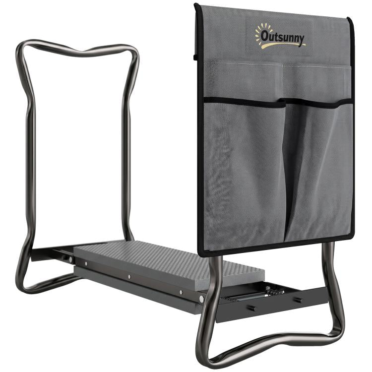 Gray garden seat with tool pouch on foldable steel frame, kneeler pad folded up.