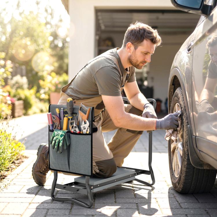 Gray foldable garden kneeler and seat with soft EVA pad and side tool pouch